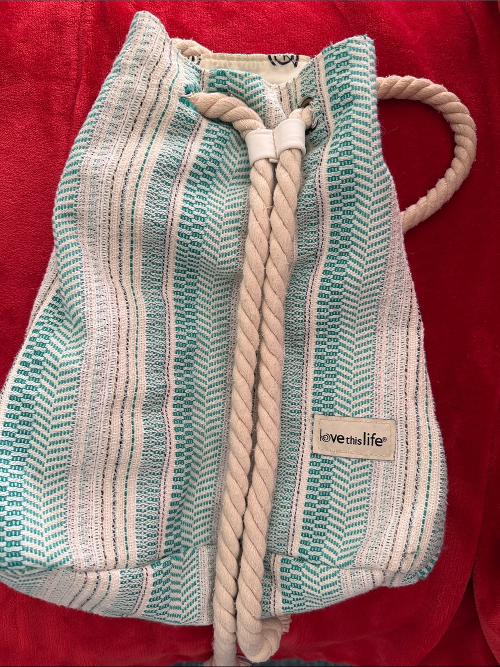 Love This Life Teal & Cream Woven Rope-Drawstring Backpack